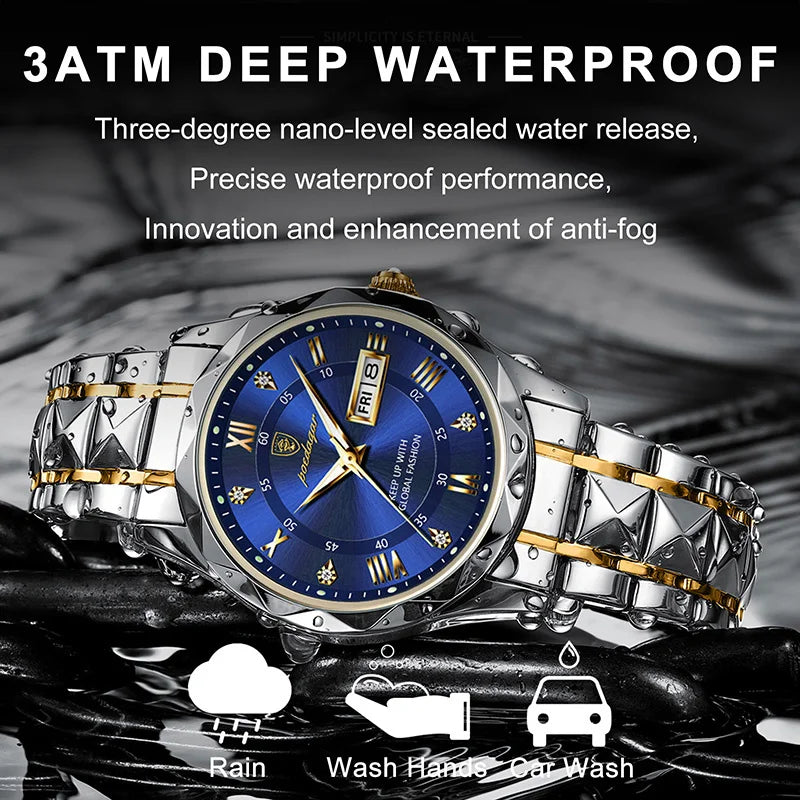 POEDAGAR men's luxury quartz watch with blue dial, gold accents, and a two-tone silver-and-gold stainless steel band.