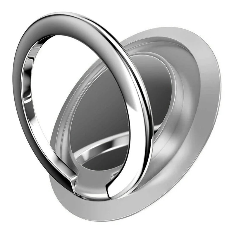 Silver-tone metallic phone ring holder with a circular base, adjustable for grip and stand functionality.