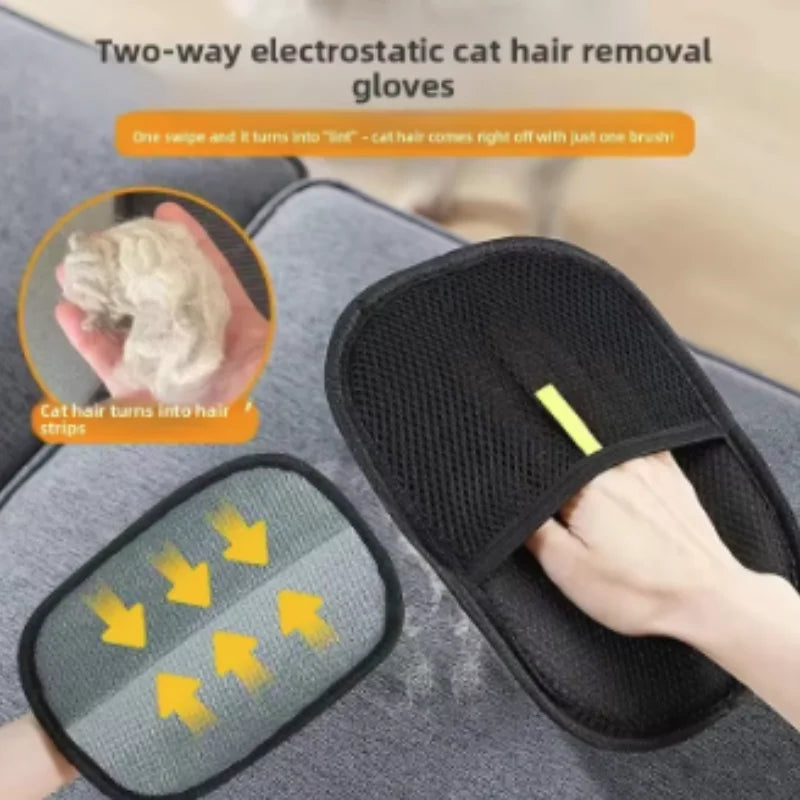 Black two-way electrostatic hair removal glove being used on a grey fabric sofa.