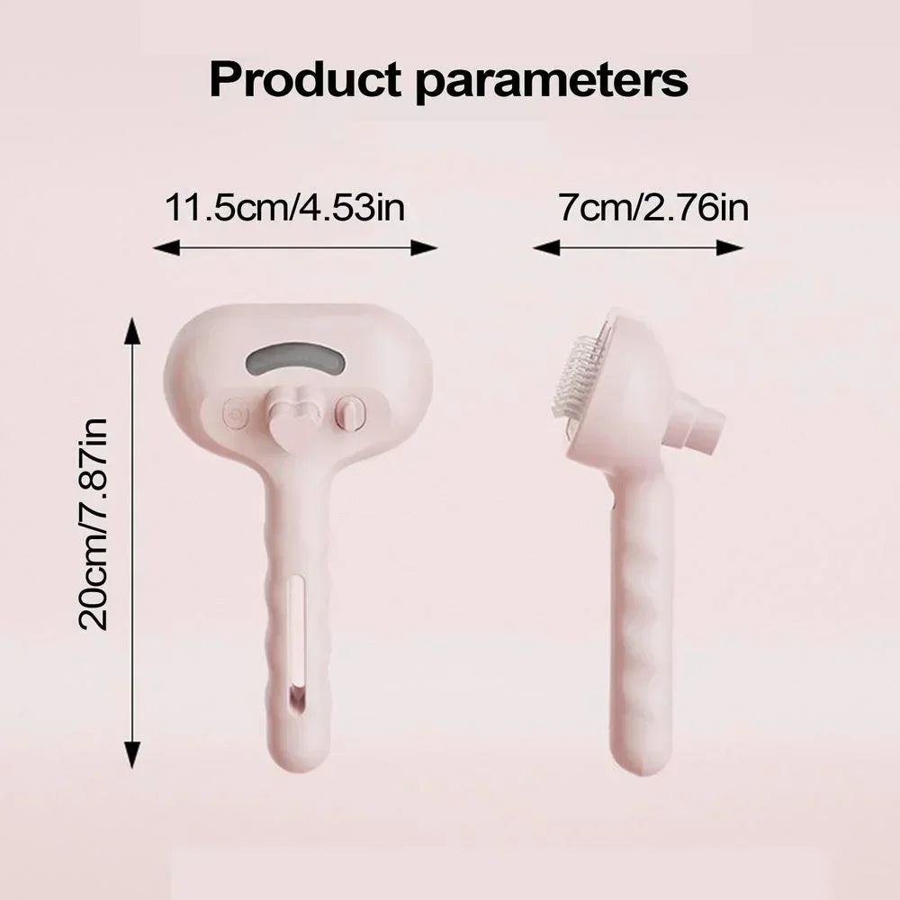 Pink pet grooming brush shown from front and side angles with product dimensions in centimetres and inches.