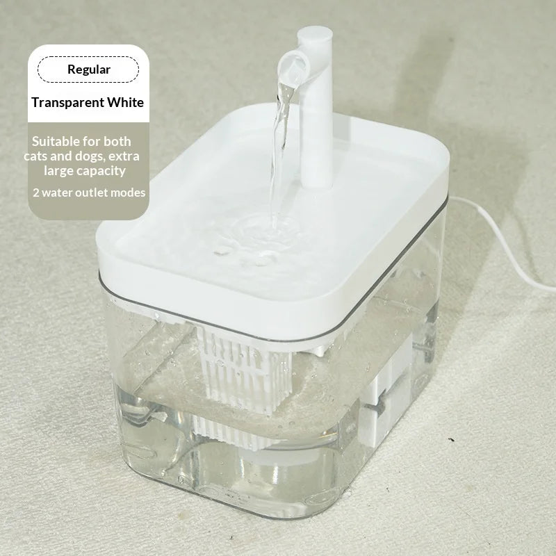 White automatic pet water fountain with a transparent tank, internal filter, and visible water flow spout.