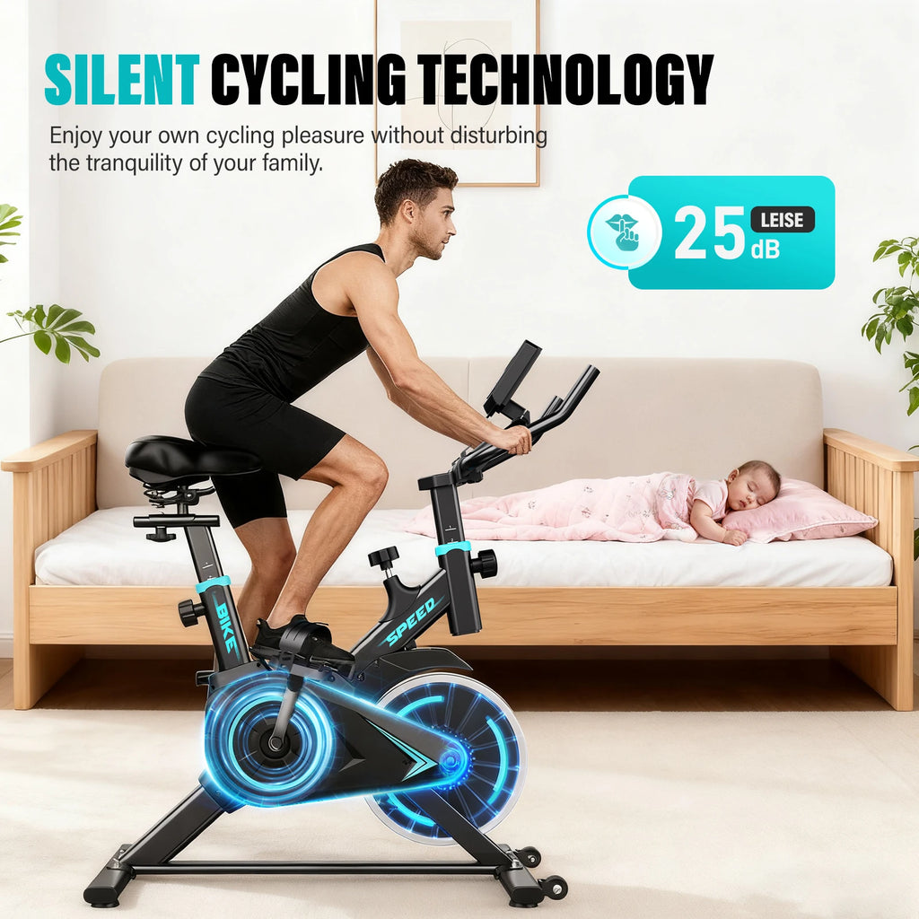 Black upright exercise bike with blue accents, featuring a padded seat, handlebars, and a covered flywheel.