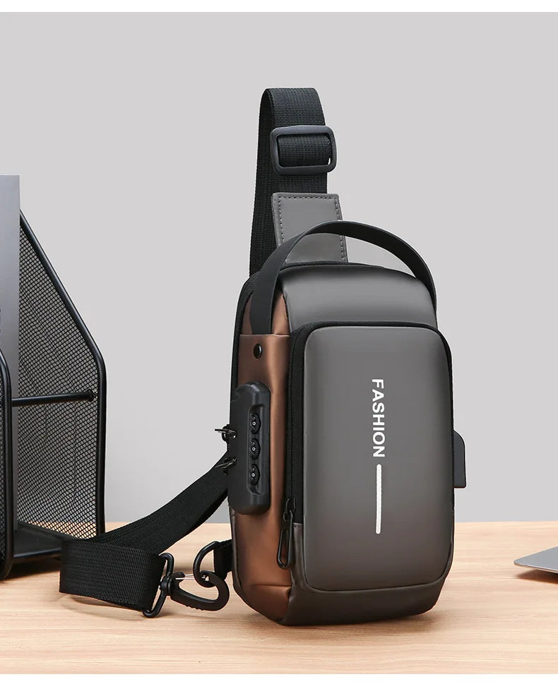 Grey and bronze anti-theft crossbody sling bag with a secure combination lock, adjustable strap and USB charging port.