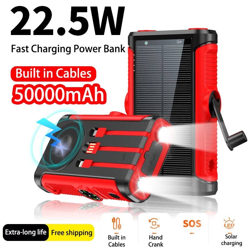 Rugged red and black solar power bank with built-in cables, hand crank, LED torch, and wireless charging.