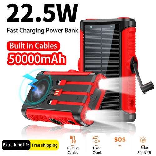 Rugged red and black solar power bank with built-in cables, hand crank, LED torch, and wireless charging.