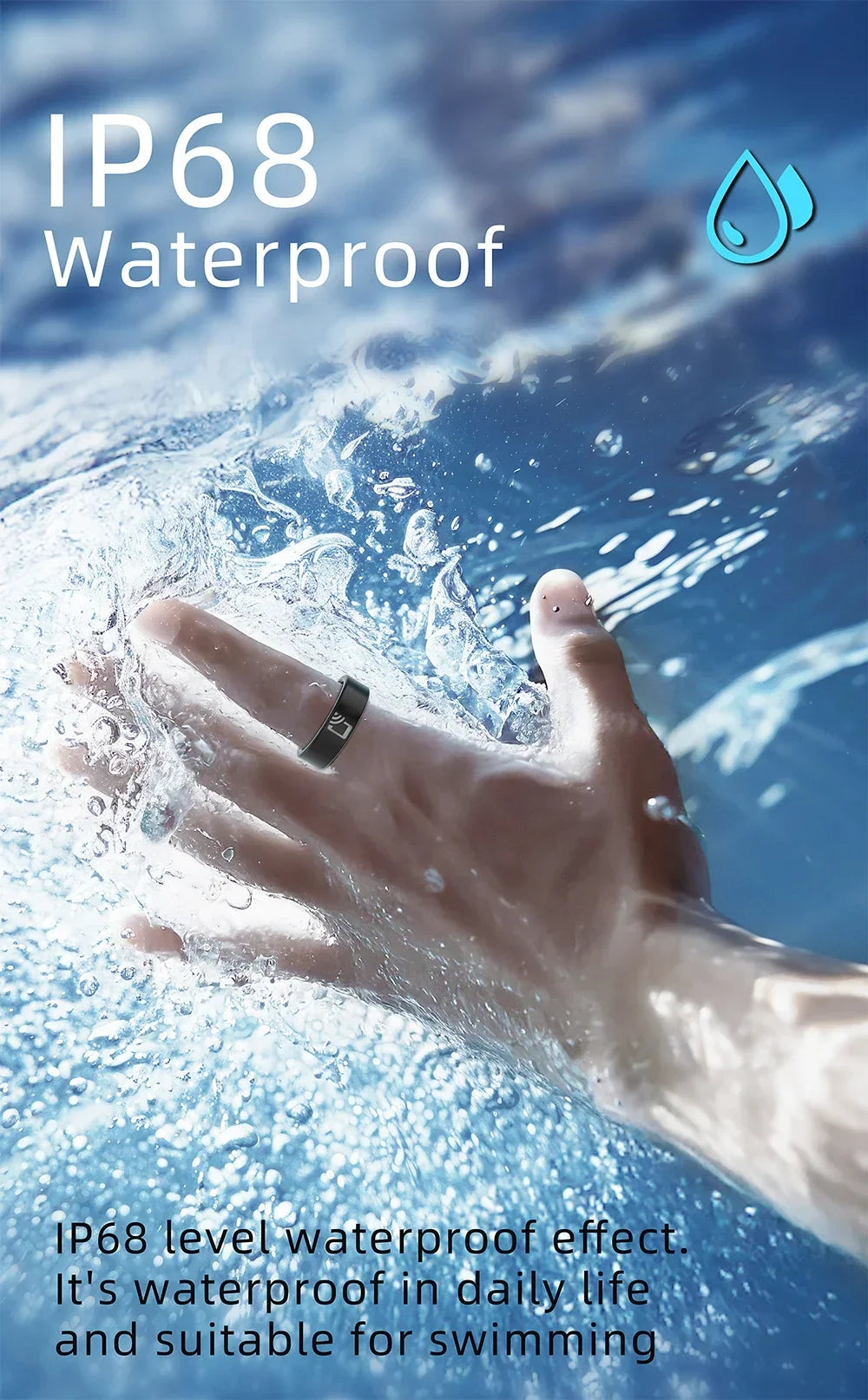 Sleek black NFC smart ring worn on a finger submerged underwater, highlighting its IP68 waterproof design.