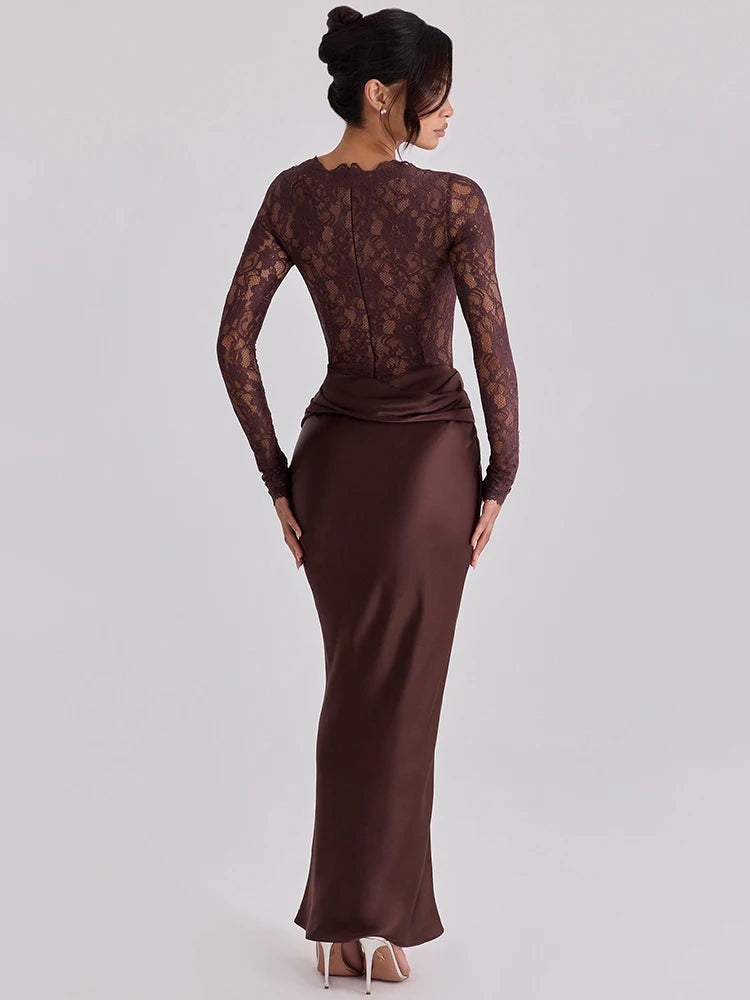 Dark brown long-sleeve evening maxi dress with lace bodice, ruched waist, and fitted satin skirt.