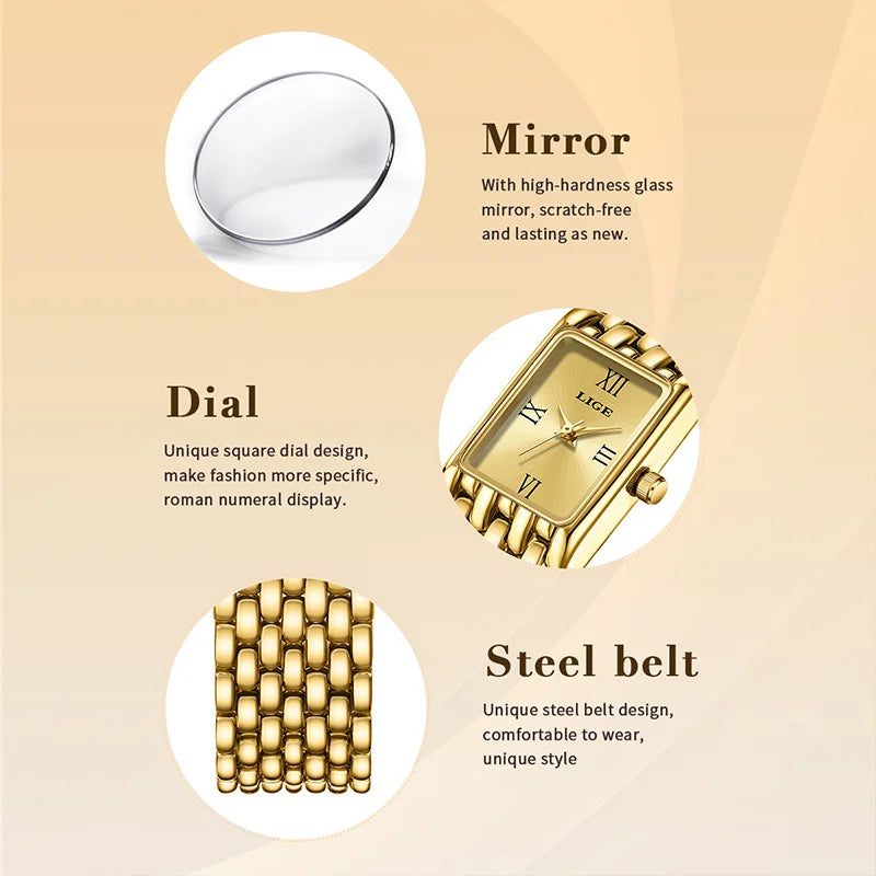 Luxury gold ladies' watch featuring a square dial with Roman numerals, scratch-resistant glass and a link bracelet.