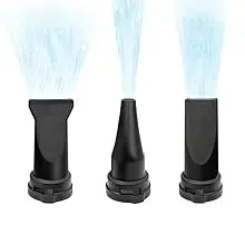Three black pet dryer nozzles in different shapes, each emitting a focused stream of air.