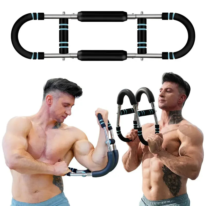 Black and silver adjustable arm exerciser with padded handles used by a man for chest and forearm workouts.