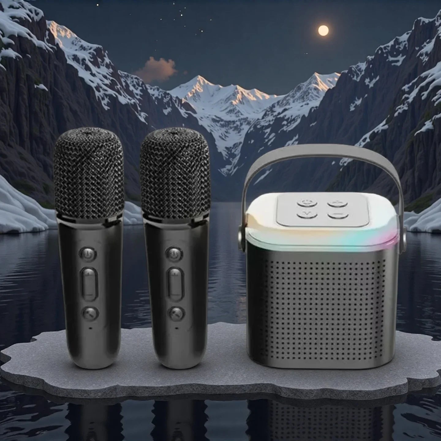 Portable black wireless speaker with two microphones, featuring an integrated handle and glowing RGB lighting.