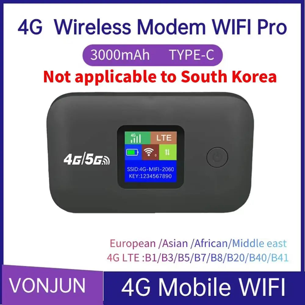 Compact black 4G LTE portable WiFi hotspot with a digital display screen, 3000mAh battery, and Type-C charging port.