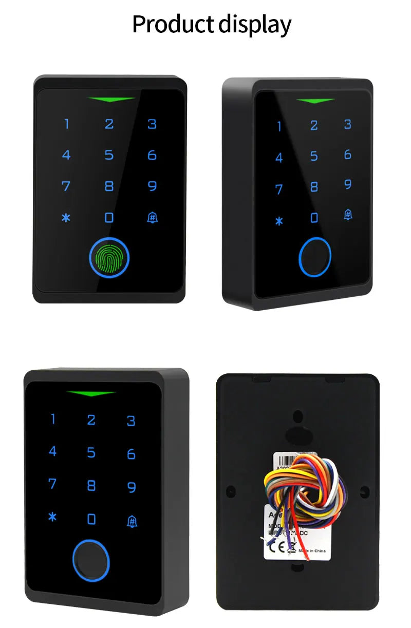Black plastic digital access keypad with touch screen, fingerprint scanner, and back wiring.