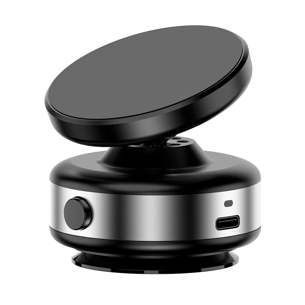 Black and silver magnetic phone mount with a rotating head, circular base, and USB-C port on a white background.