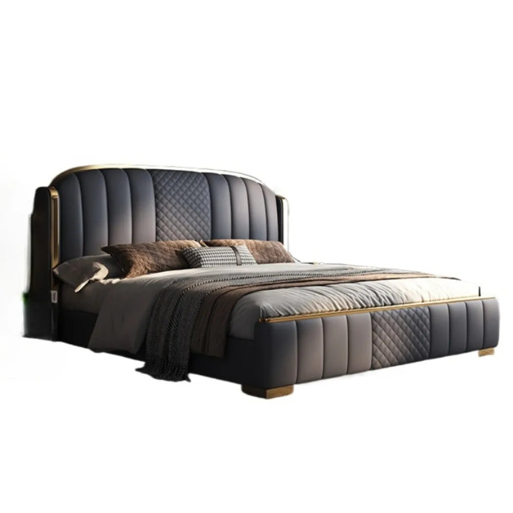 Minimalist charcoal bed frame with vertical panelling, diamond-stitched detailing, and elegant gold metallic trim.