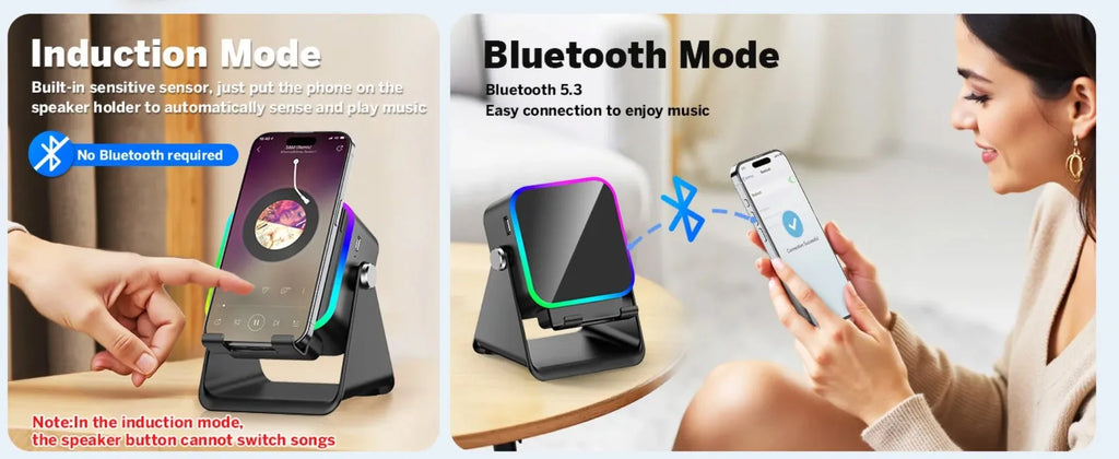 Black 5-in-1 portable Bluetooth speaker with phone stand, RGB light border and wireless induction play mode.