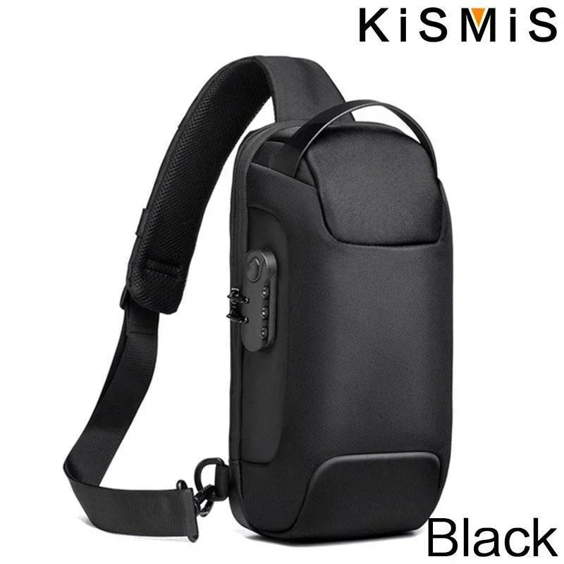 Black waterproof anti-theft crossbody bag with a side USB charging port, a top handle, and a built-in security lock.