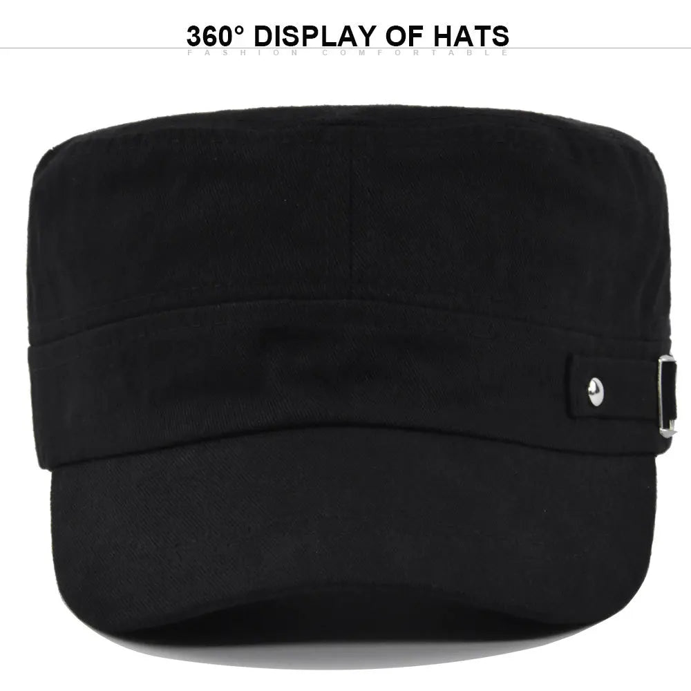 Classic black unisex military-style flat cap with a short brim and decorative side strap detail.