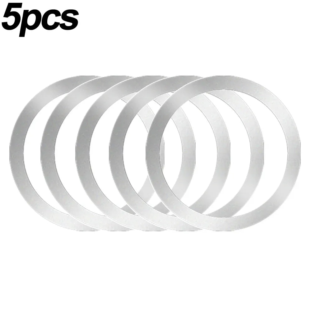 A set of five simple, silver-coloured circular metal rings arranged in a row against a white background.
