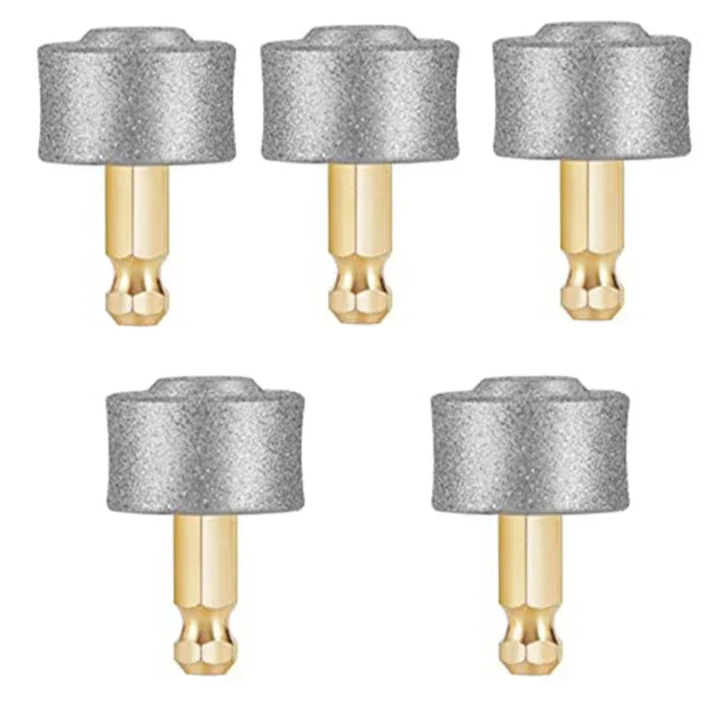 Five grey abrasive sanding heads for a pet nail grinder, each featuring a metallic gold shank.