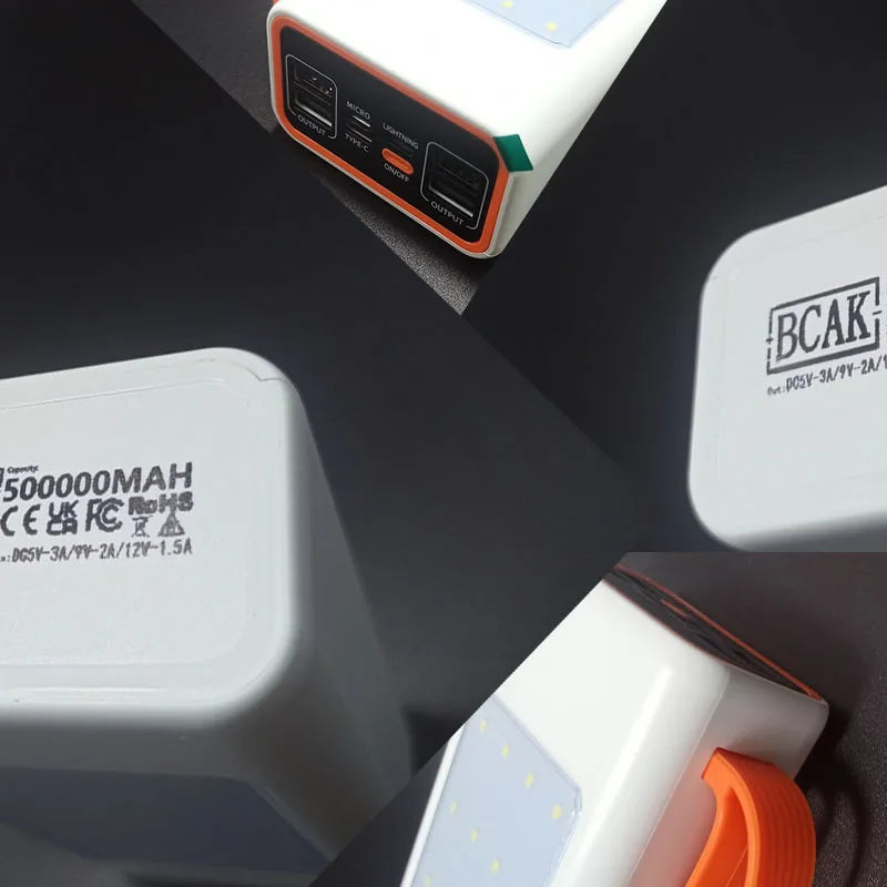 White portable power bank with orange accents, multiple charging ports, LED light panel and a carry strap.