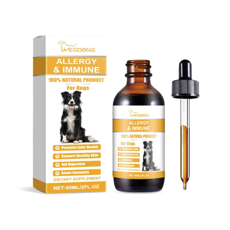 60ml amber glass bottle of natural dog allergy and immune support supplement with a dropper and white product box.