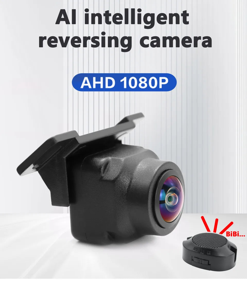 Black 1080P HD reversing camera with a wide-angle fisheye lens and a separate alert speaker.