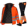 Orange and black high-visibility workwear jacket with quilted lining and matching trousers with reflective strips.
