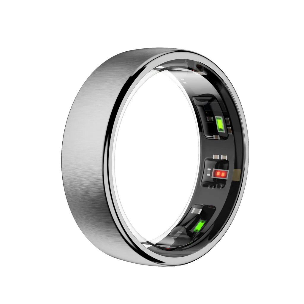 Sleek silver smart health ring with an inner sensor band showing green and red tracking lights on a black background.