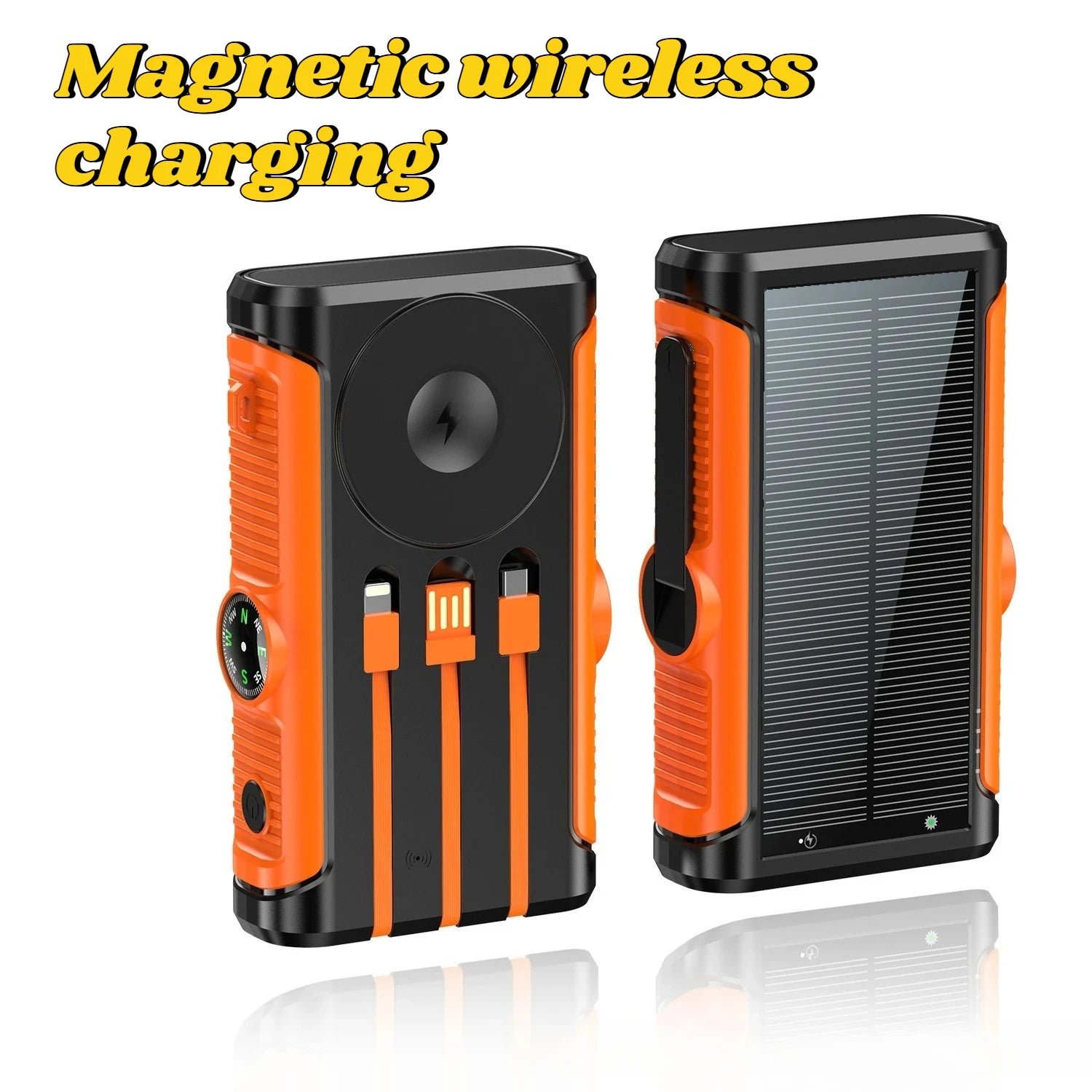Black and orange 20000mAh solar power bank with built-in charging cables, magnetic wireless charger and side compass.