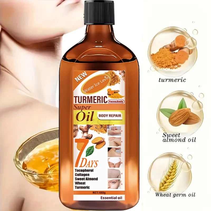 Amber glass bottle of Turmeric body repair oil, featuring ingredients like sweet almond and wheat germ oil. 100g.