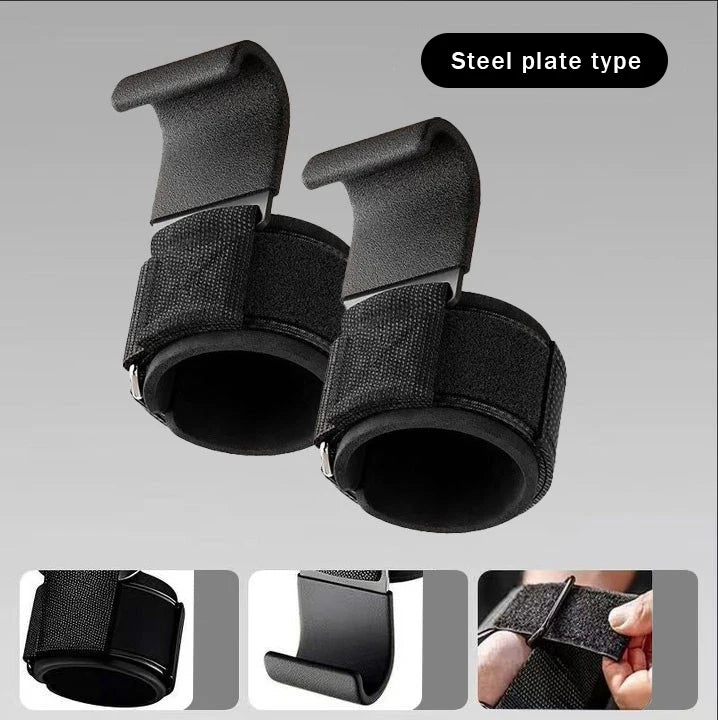 Pair of black weightlifting hooks with adjustable Velcro wrist straps and steel plate construction.