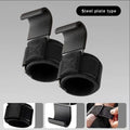 Pair of black weightlifting hooks with adjustable Velcro wrist straps and steel plate construction.