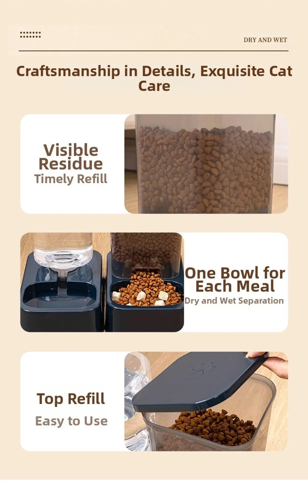 Dark blue dual-bowl pet feeder with a clear food container and water bottle for dry and wet food separation.