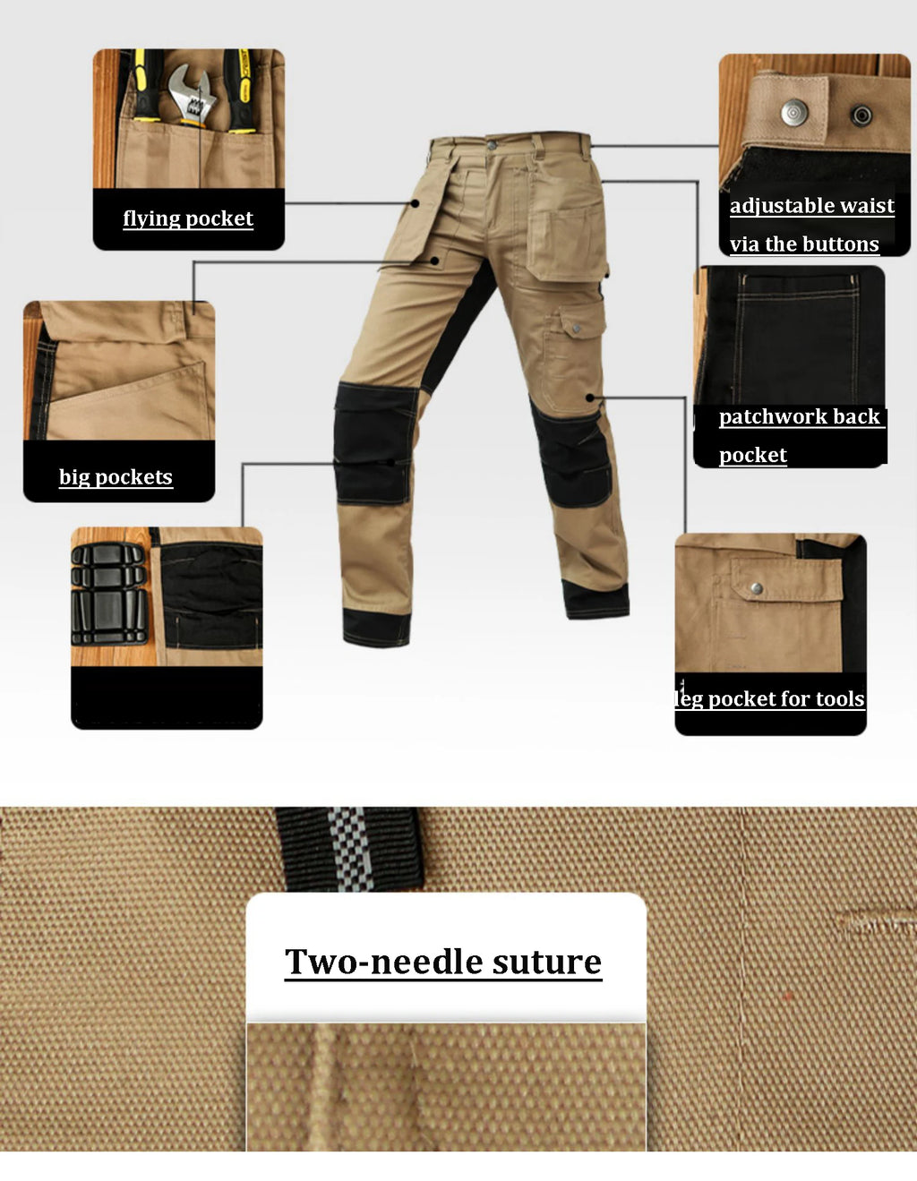 Men’s khaki cargo work trousers featuring multi-pocket utility design, adjustable waist, and reinforced contrast panels.