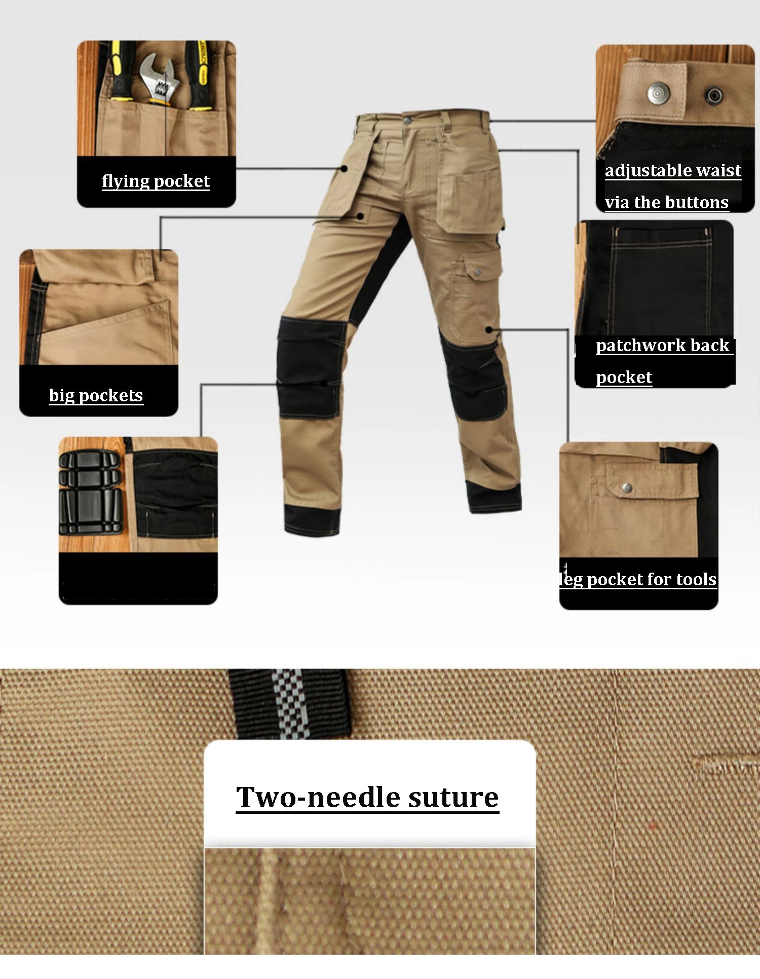 Men’s khaki cargo work trousers featuring multi-pocket utility design, adjustable waist, and reinforced contrast panels.