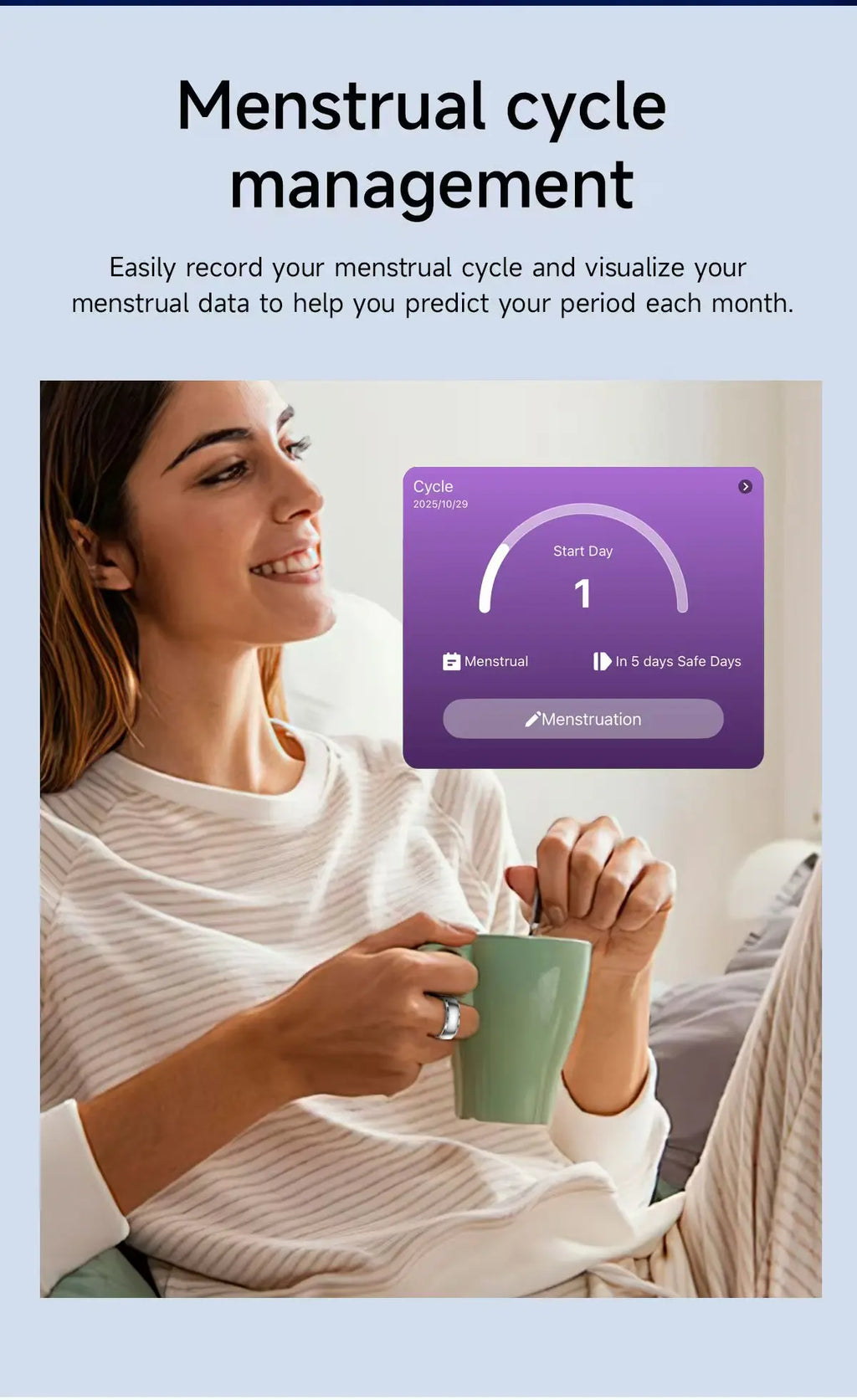 A woman wearing a sleek silver smart ring, with an app interface showing menstrual cycle tracking features.
