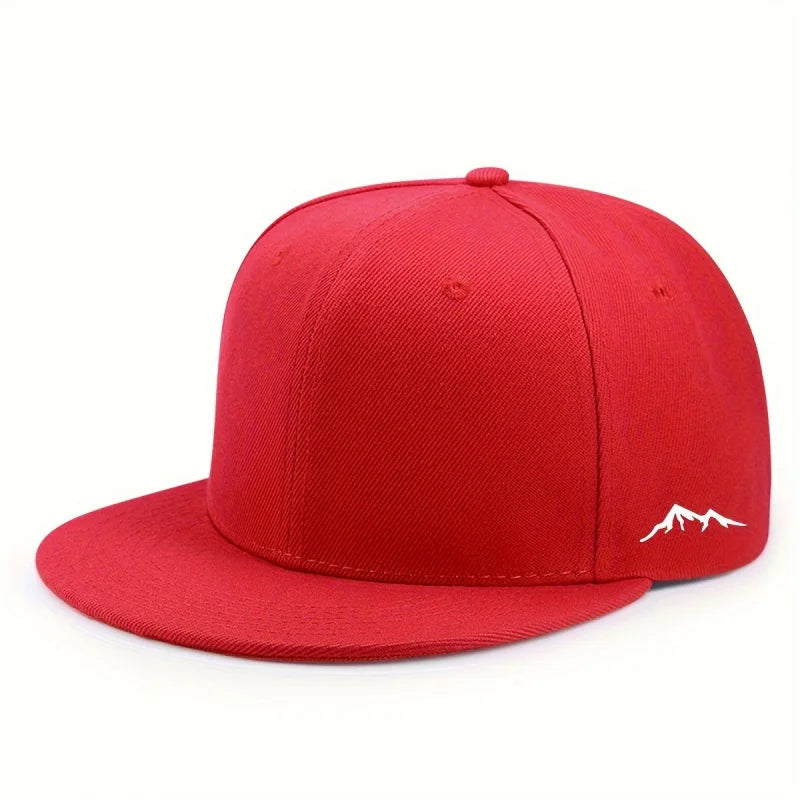Red unisex flat-brim cap with a white mountain icon on the side. Breathable fabric in a classic hip hop style.