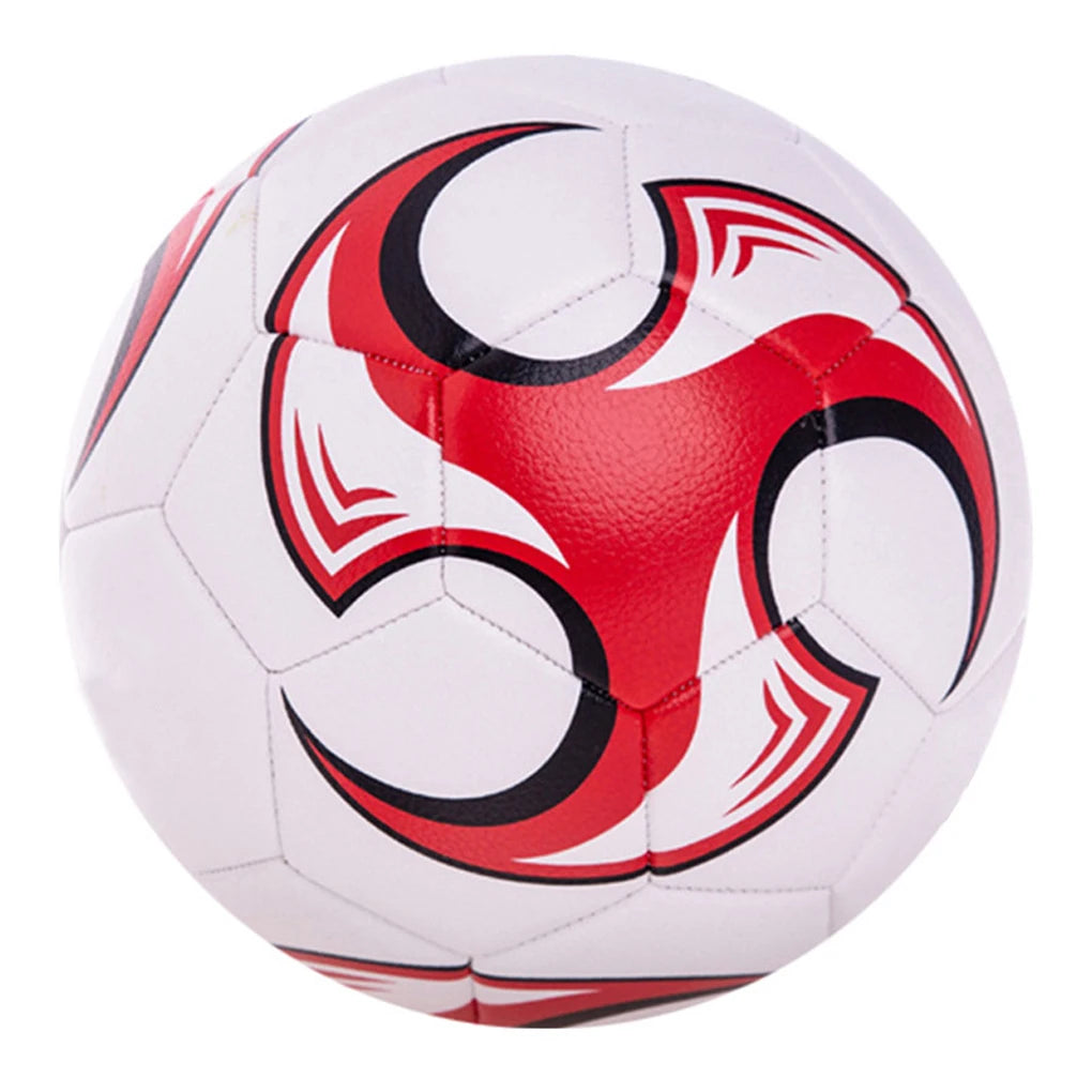 White football with a dynamic red and black graphic swirl pattern and classic stitched panel design.
