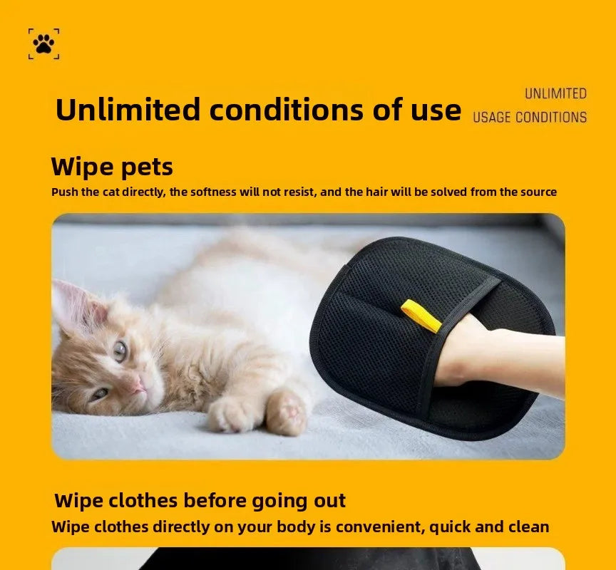 A hand wearing a black mesh grooming mitt, petting a ginger cat on a grey surface. Yellow background.