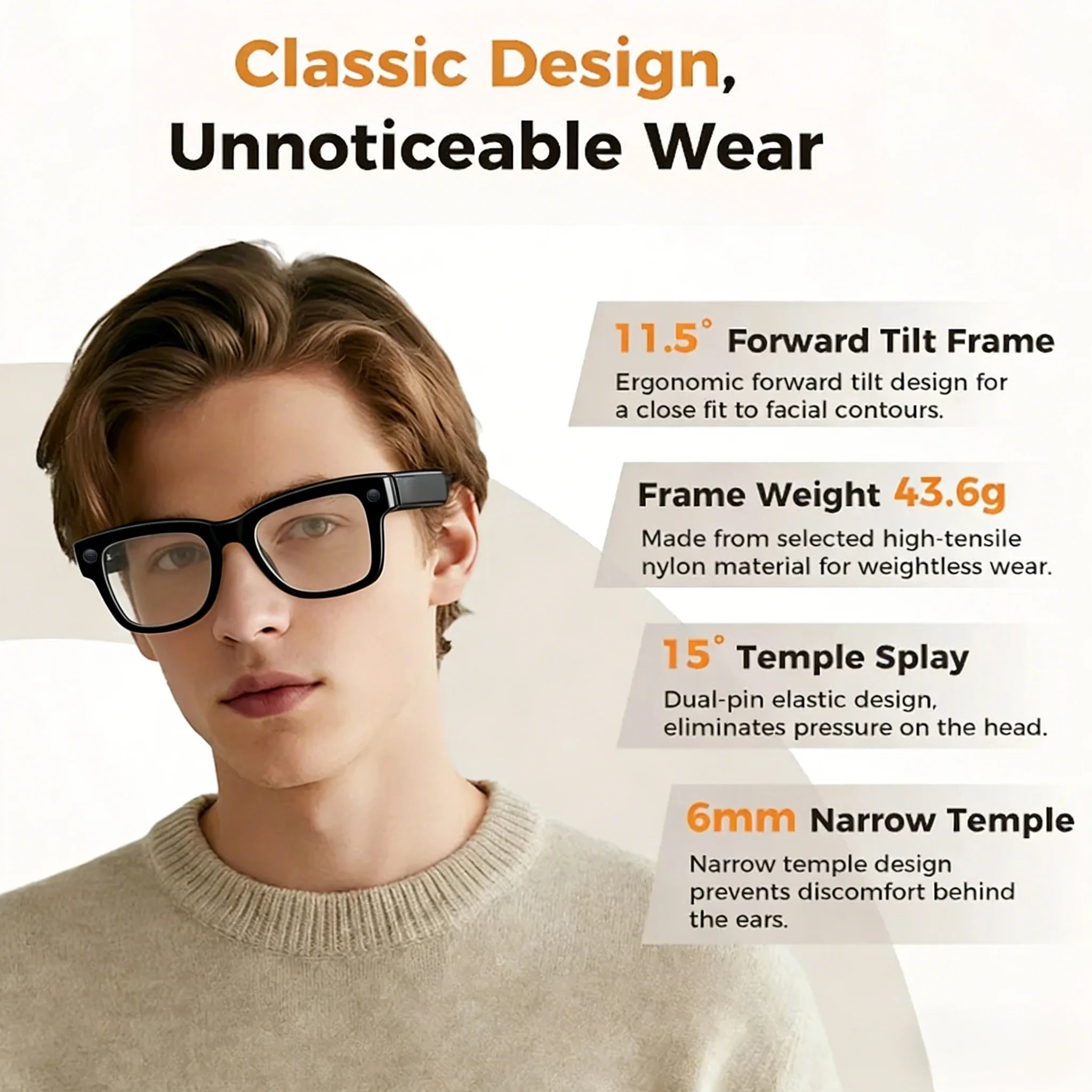 Man wearing black, lightweight smart glasses with a classic frame design, highlighting ergonomic features.