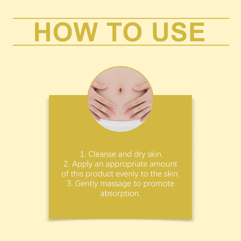 Instructional graphic on a yellow background showing steps to apply skincare cream to the stomach area.
