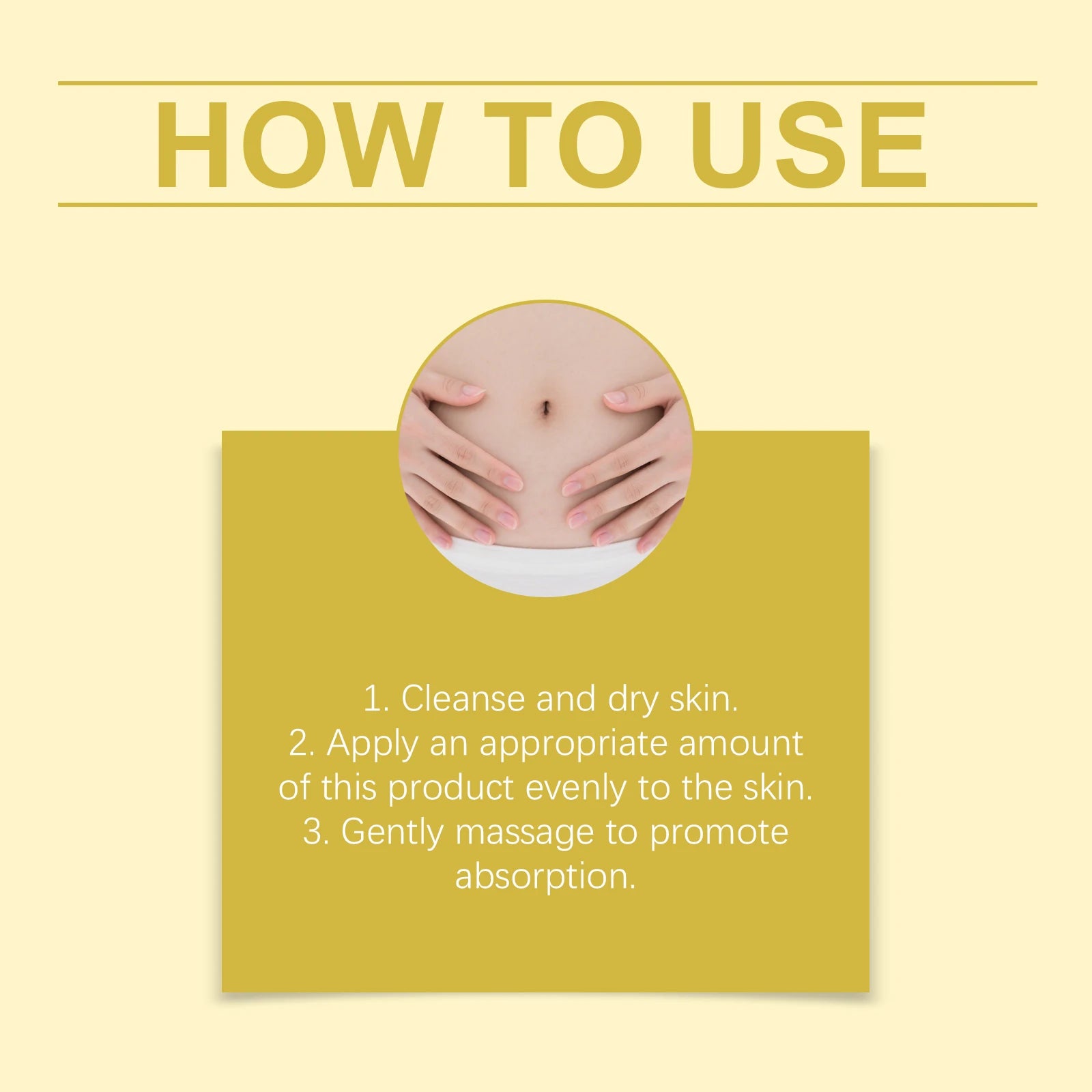 Instructional graphic on a yellow background showing steps to apply skincare cream to the stomach area.