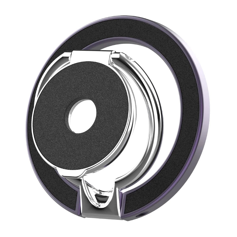 Circular silver and black phone ring holder with a foldable, rotating stand design against a white background.