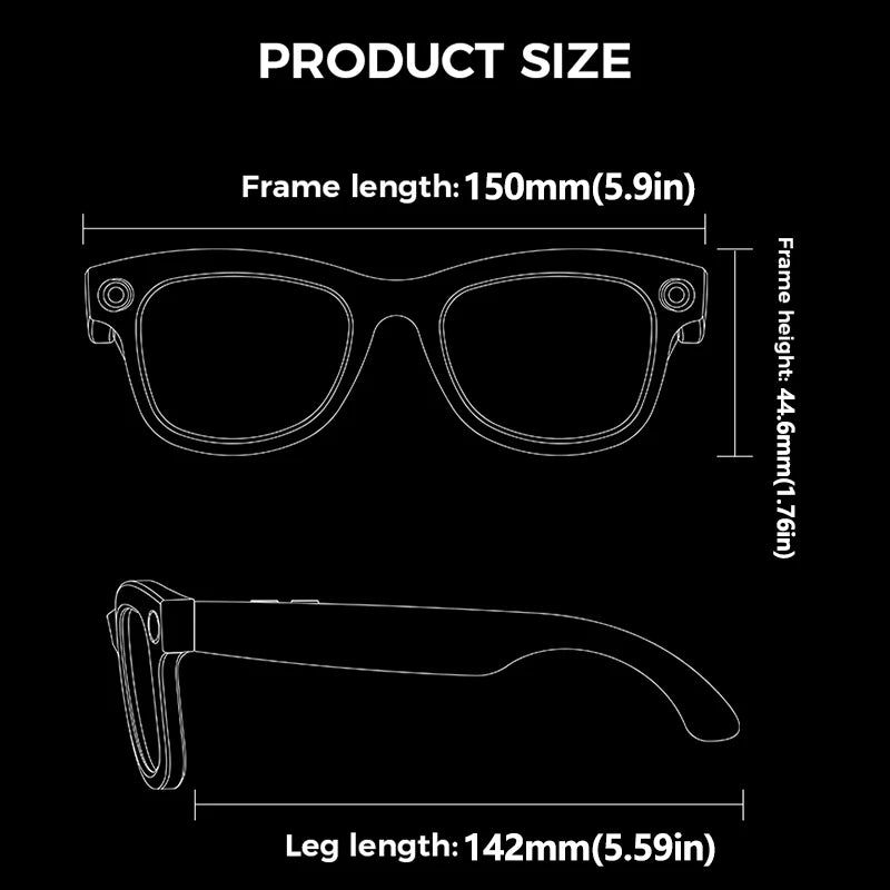 Technical diagram showing front and side views of black smart translation glasses with built-in camera dimensions.