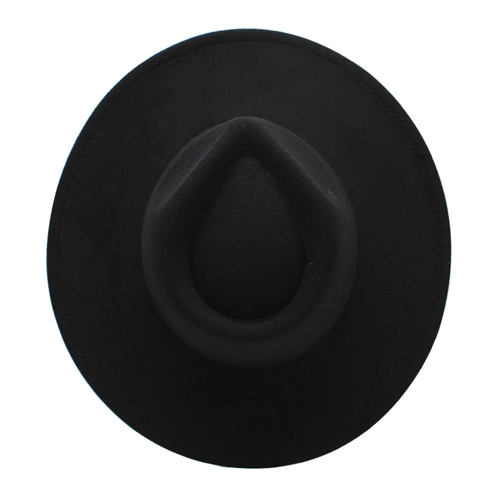 Top-down view of a classic black felt fedora hat with a pinched crown and wide brim.
