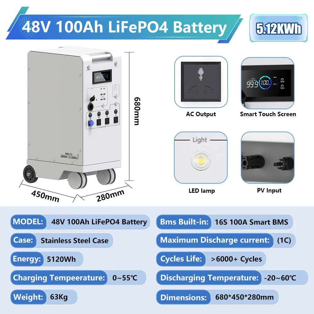A product diagram shows a 48V 100Ah LiFePO4 battery with dimensions 680x450x280mm, features, and technical specs.