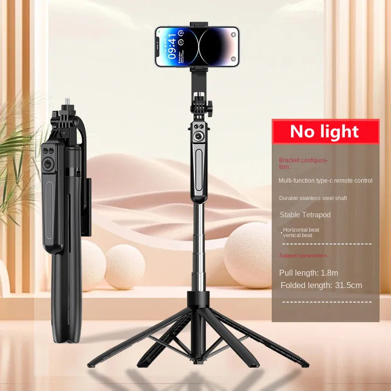 Black phone tripod and selfie stick with a stainless steel telescopic shaft, four-leg base, and remote control.