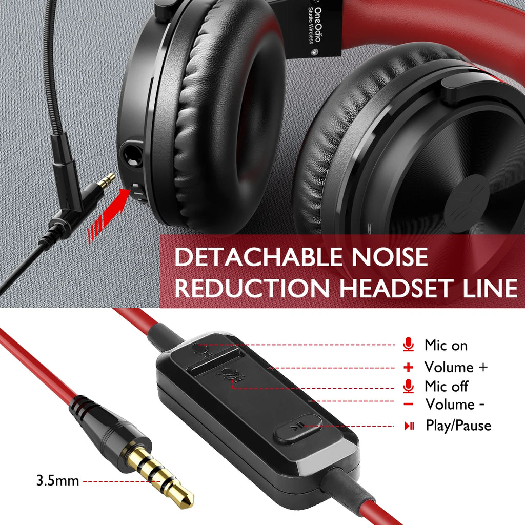 Black and red over-ear gaming headphones with a detachable microphone cable and inline volume/mic control.