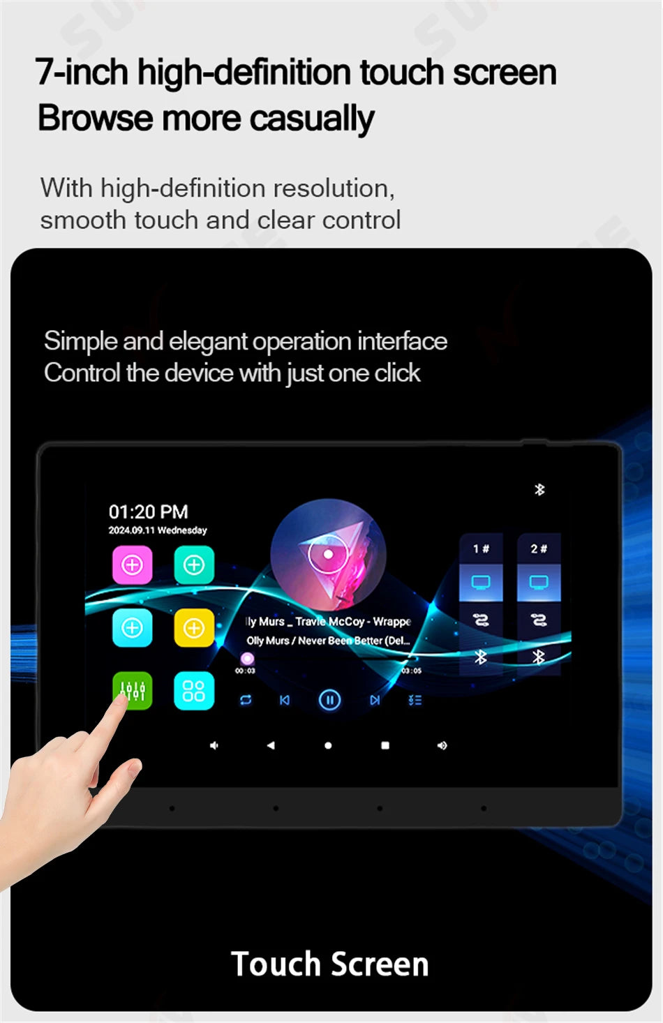 7-inch black in-wall touch screen audio amplifier showing a colourful, modern digital interface with music controls.
